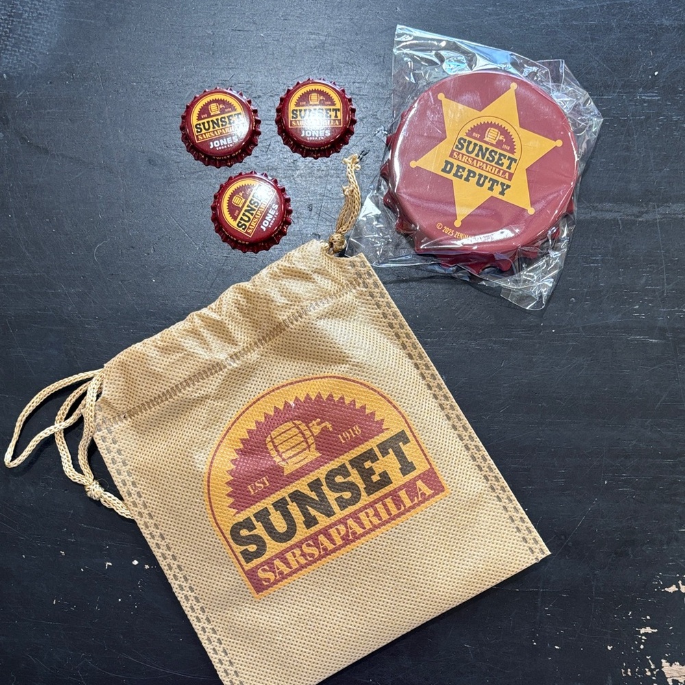 Jones Sunset Sarsaparilla Twist-off Bottle Opener & Bottle Cap Set with bag